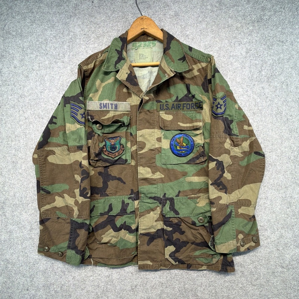 Vintage Military Jacket Mens Small Woodland Camo BDU Coat Combat Patch 1988